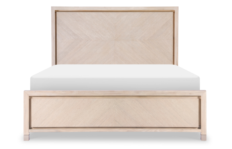 Front of light brown bed frame with tall rectangular headboard.