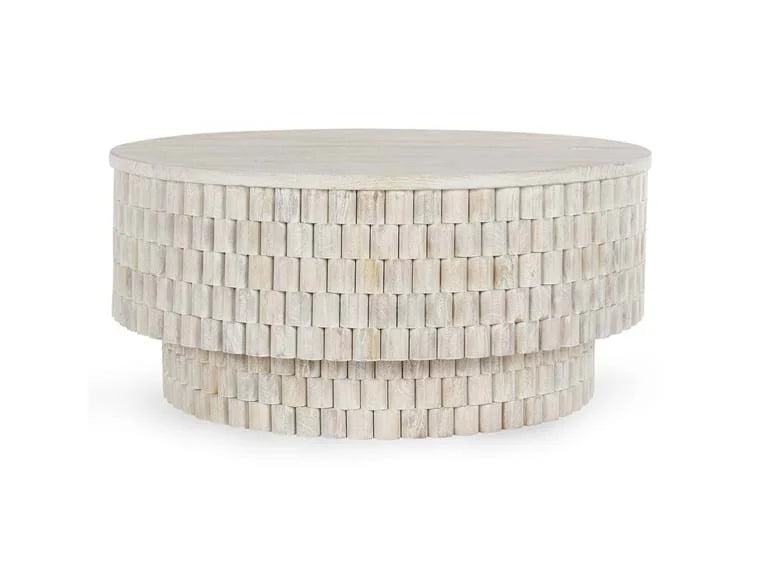 Rustic light round wood coffee table with wood block detail.