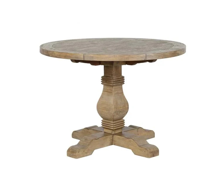 Round brown accent table with oblong stand and X base.