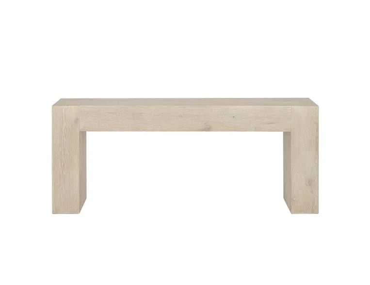 Front view of slim cream rectangular side table.