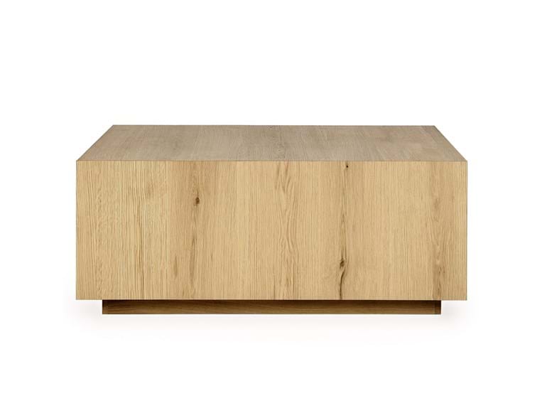 Front of rectangular light brown coffee table.