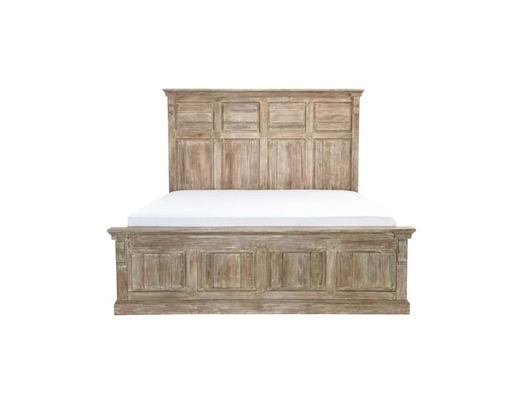 Dirty brown bed frame with tall headboard and mattress.