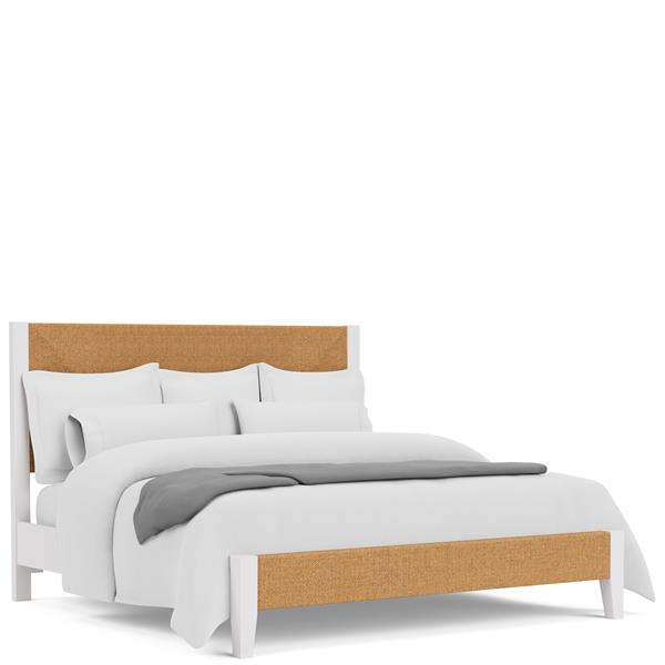 Diagonal white bed frame with brown accents and white bedding.