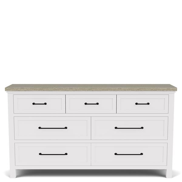 Front of white seven drawer dresser with marble top.