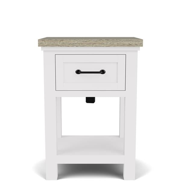 Narrow white side table with light brown top.