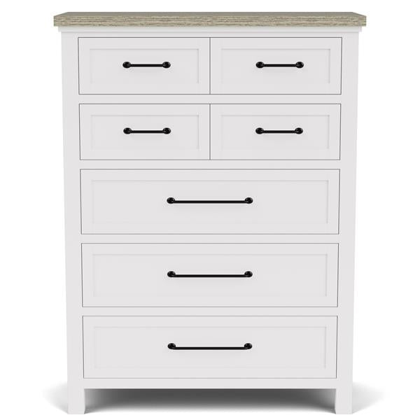 Front of white seven drawer dresser with brown pulls.