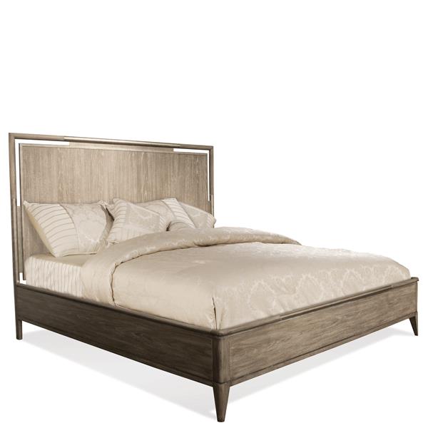 Dirty brown bed frame with rectangular headboard and cream bedding.