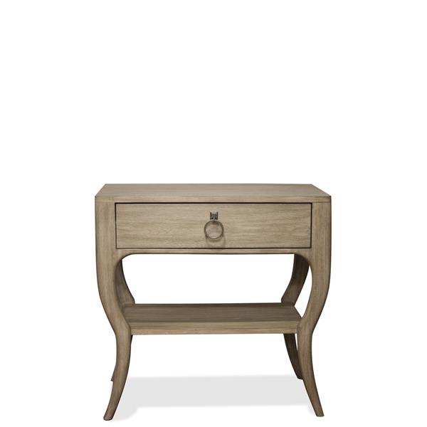 Tiny light brown nightstand with drawer.