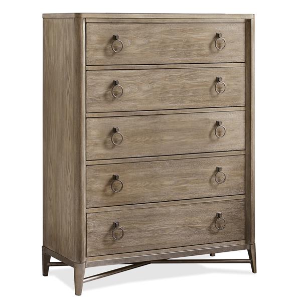 Angled view of medium brown five drawer dresser with gold pulls.