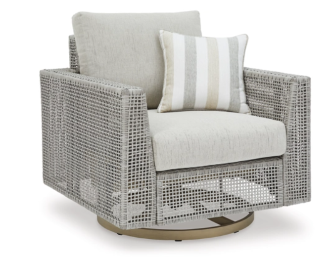 Square gray woven patio chair with round base.