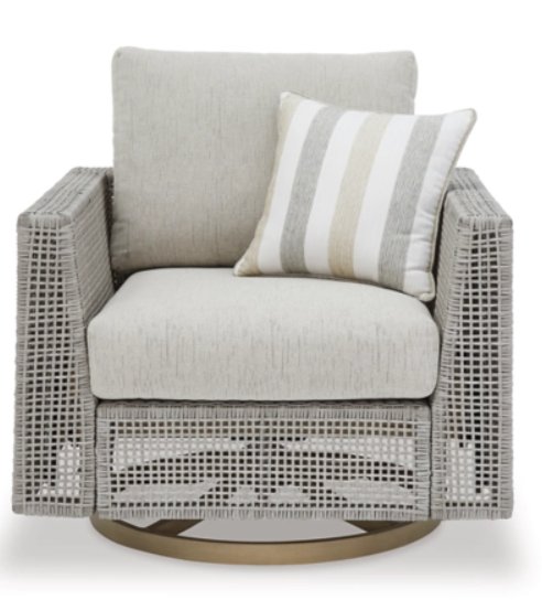 Front of gray woven exterior chair with cream cushion.