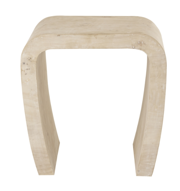 Front of arched cream-colored side table.