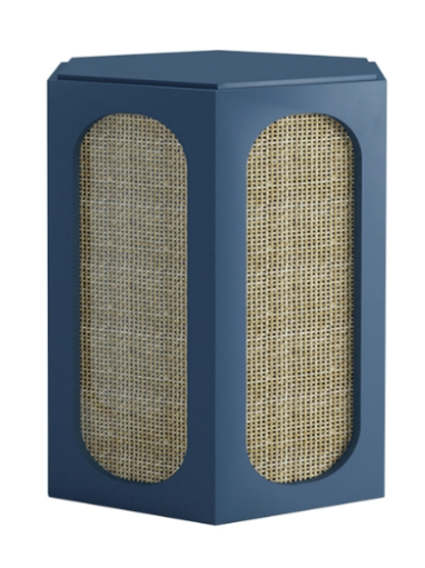 Small blue hexagonal table with rattan sides.
