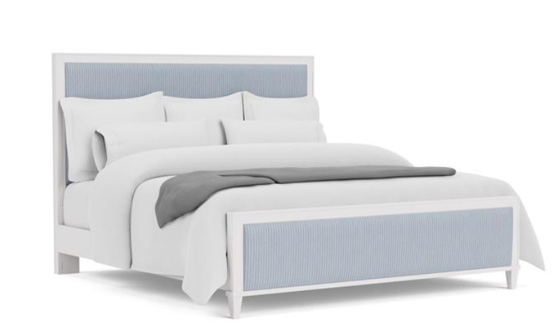 Diagonal white and baby blue bed frame.