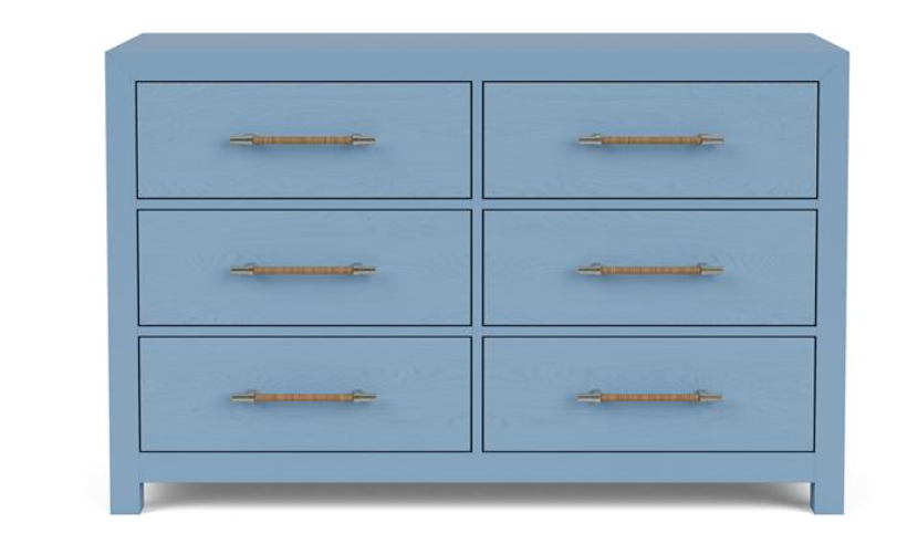Front of blue six drawer dresser with gold pulls.