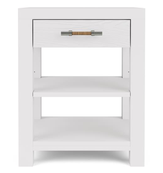 White side table with drawer and two shelves.