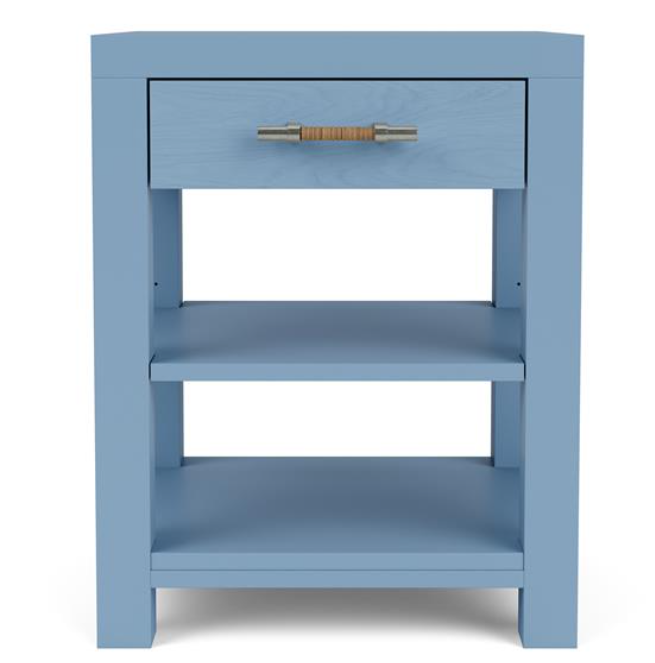 Small blue nightstand with shelves and a drawer.