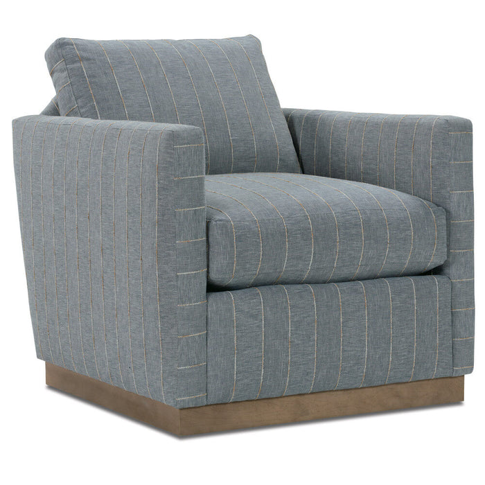 Diagonal view of gray and tan armchair.
