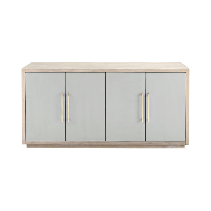 Sand and cream colored four door storage cabinet.