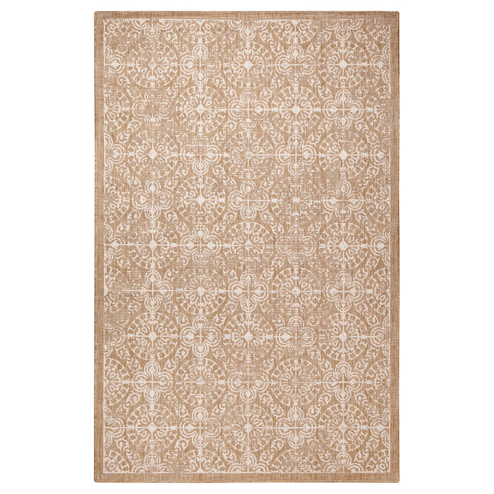Close up of tan and white rug.
