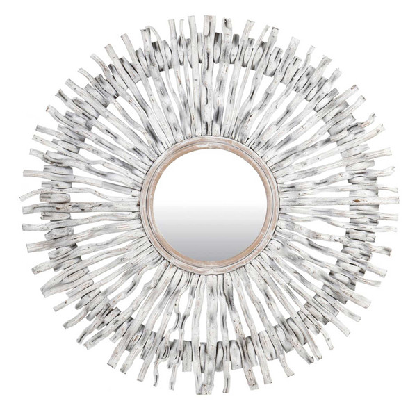 Rose gold accent mirror with white details.