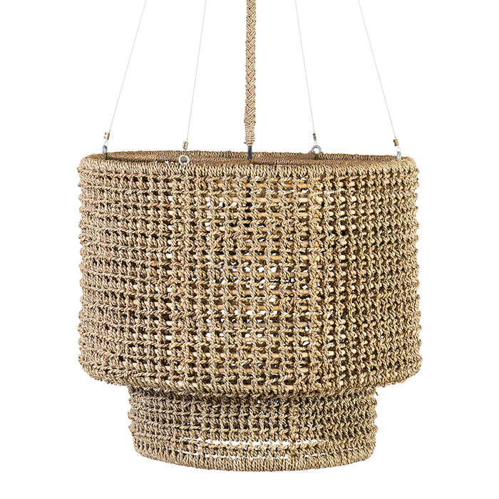 Close up of brown woven hanging pendant light.