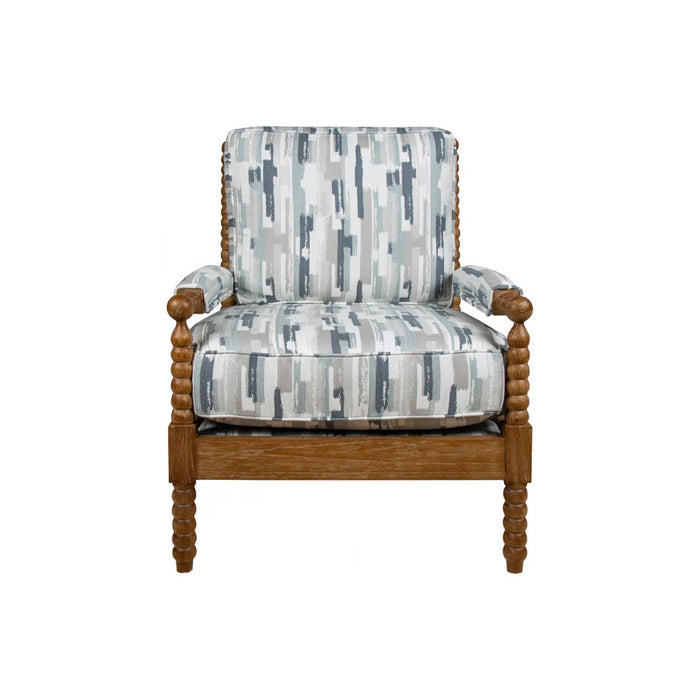 Brown Savanna accent chair with gray and blue cushion.