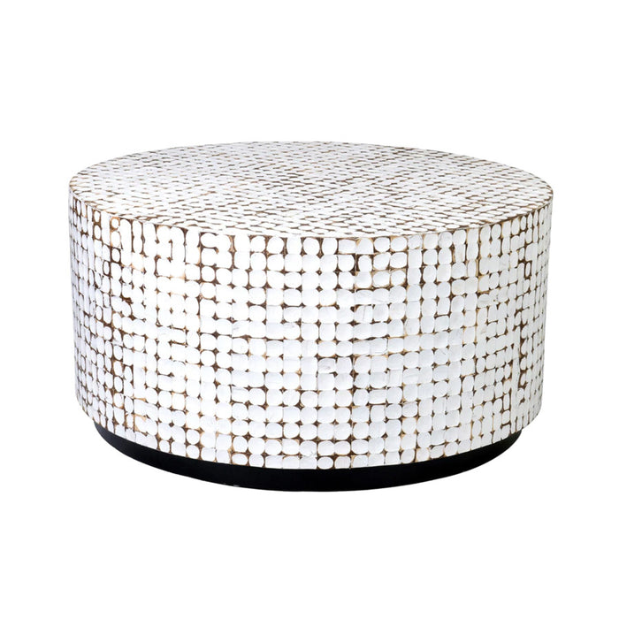 Rustic round white and brown cocktail table.