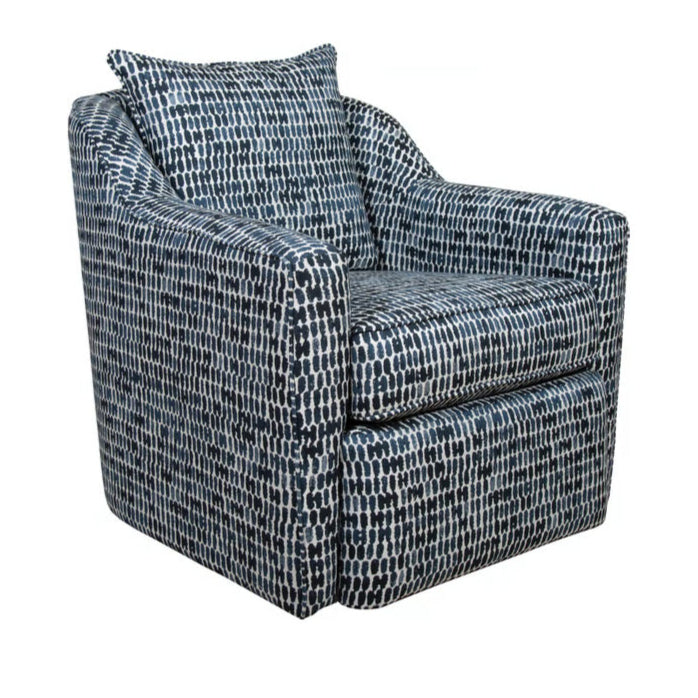 Angled view of blue and white tiled glider chair.