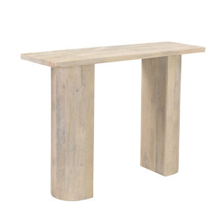 Angled view of slim cream-gray side table.