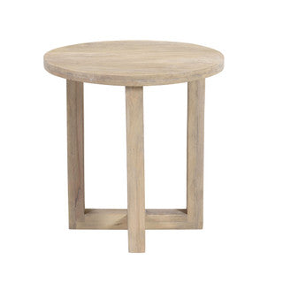Small round light brown side table with four legs.