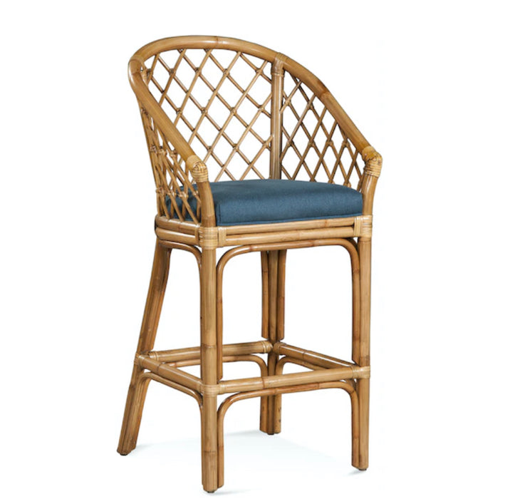 Medium brown criss-cross back counter stool with forest green cushion.