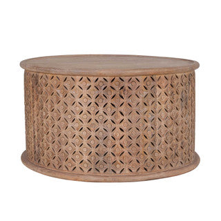 Round low wicker style coffee table.