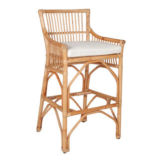 Tan counter stool with arms and back, and white cushion.