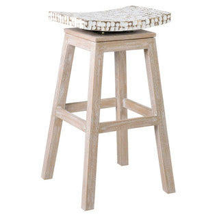 Diagonal image of sand colored stool with rounded cream cushion.