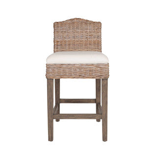 Small wicker stool with back and white cushion.