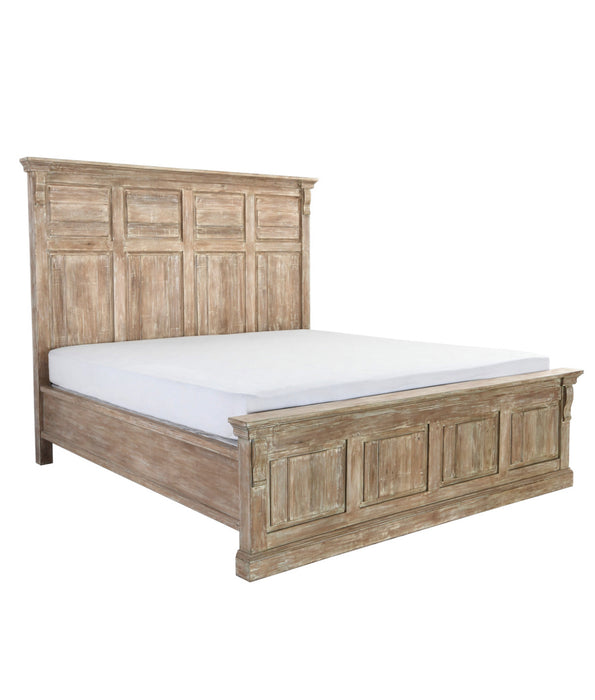 Diagonal dirty brown bed frame with tall headboard.