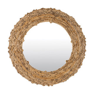 Rustic round brown wood mirror.