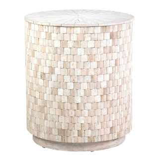 Medium image of front of round stone accent table.