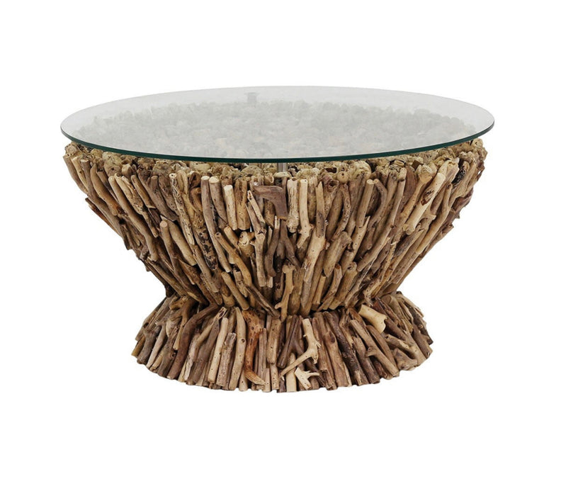 Round glass top side table with found wood stand.