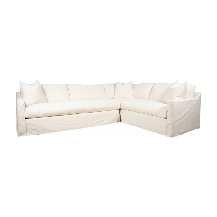 Front angled view of cream loose fabric sectional.
