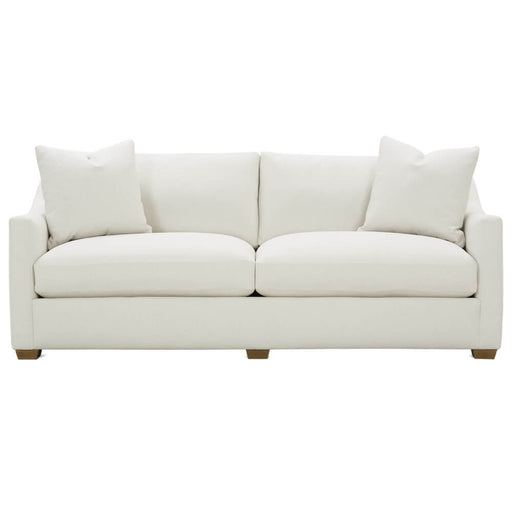 Front of white loveseat with brown legs.
