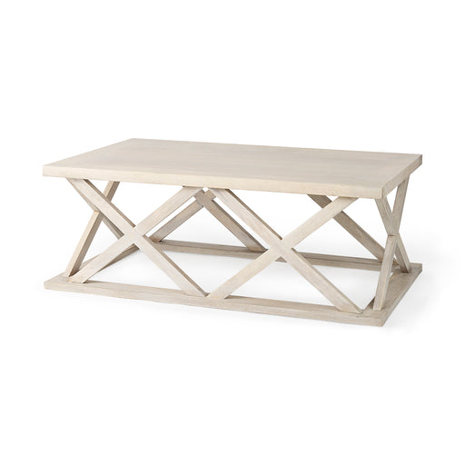 Rectangular white coffee table with X detail along sides of stand.