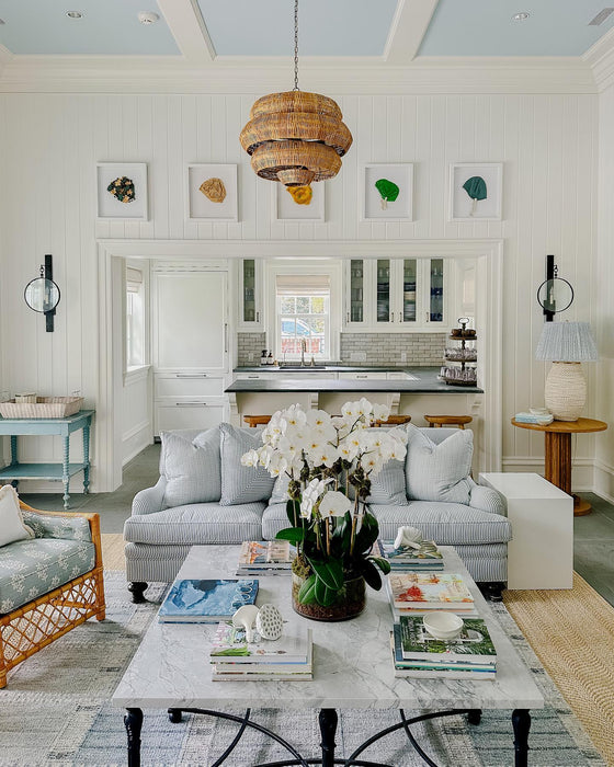 Living room with gray sofa, coffee table, and decorative elements.