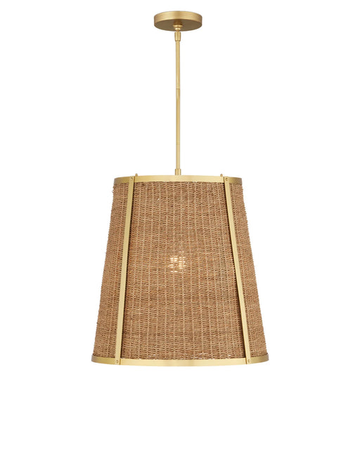 Pendant light with rattan shade and gold frame on a white background