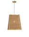 Pendant light with rattan shade and gold frame on a white background