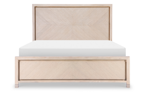 Front of light brown bed frame with tall rectangular headboard.