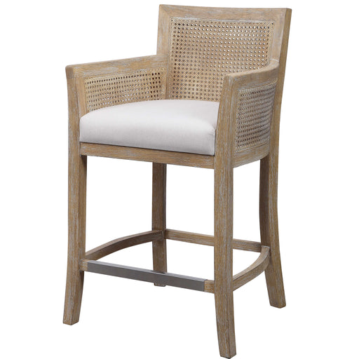 Light brown mesh back arm counter stool.