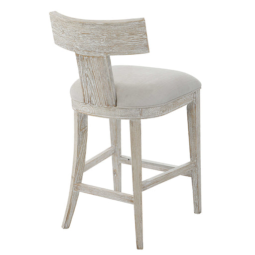 Back of white and gray t-back counter stool.