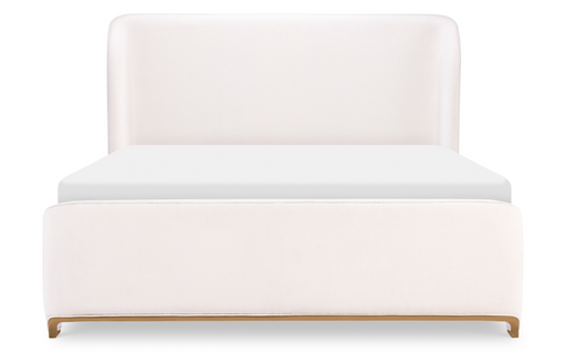 Front of white and gold bed frame with tall headboard.